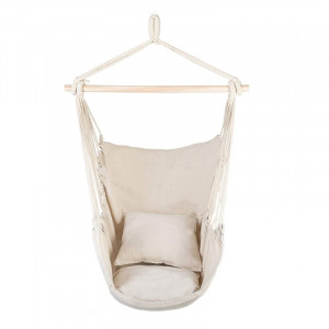 Hamac tip scaun, 100x130 cm, 2 perne, bara din lemn, bumbac bej - Img 4