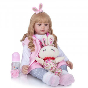 Papusa bebelus, inaltime 55 cm, aspect realist, jucarie iepuras, biberon, suzeta, 3 ani+ - Img 1