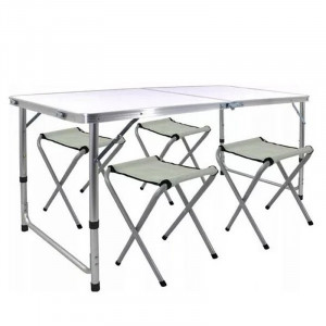 Set masa cu 4 scaune pentru camping, inaltime masa reglabila, picioare antiderapante, aluminiu, argintiu - Img 1