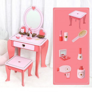 Set masa de toaleta pentru fetite, 92x34x49 cm, scaun si oglinda, accesorii par si machiaj, lemn roz - Img 2