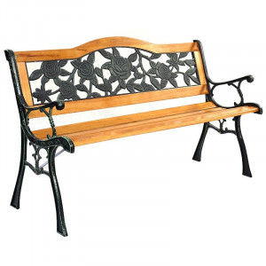 Banca gradina, sezut si spatar lemn, model floral, structura otel, 118x60x82 cm