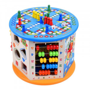 Cub activitati educative copii, 8 in 1, ceas, labirinturi, abac, forme geometrice, multicolor, lemn - Img 10