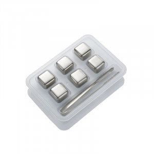 Set 6 cuburi de gheata din inox, cleste, cutie depozitare, diametru 26 cm