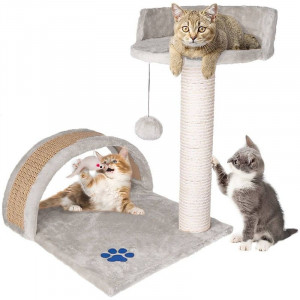 Ansamblu de joaca multifunctional pentru pisici, 2 nivele, funie sisal, inaltime 50 cm, gri - Img 1