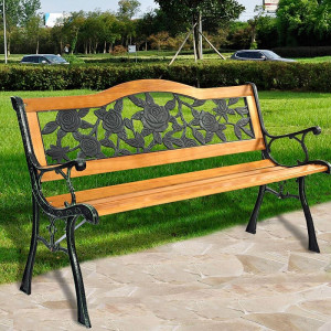 Banca gradina, sezut si spatar lemn, model floral, structura otel, 118x60x82 cm - Img 2