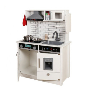 Bucatarie de lemn pentru copii, iluminata, efecte sonore, 4 accesorii incluse, design vintage, 65x30x93 cm, alb - Img 4
