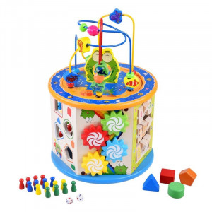 Cub activitati educative copii, 8 in 1, ceas, labirinturi, abac, forme geometrice, multicolor, lemn - Img 1