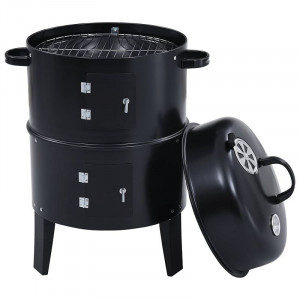 Gratar pe carbuni 3 in 1, capac cu termometru, 2 usi, 3 compartimente cu afumatoare/grill/gatire la abur, 40x40x80 cm - Img 9