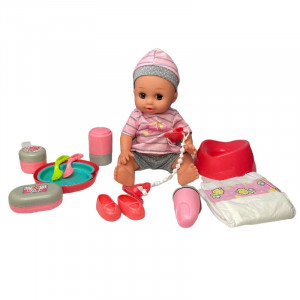 Papusa interactiva 35 cm, bea apa, face pipi, 12 sunete, 14 accesorii, leagan, scaun de masa, cadita baie - Img 11