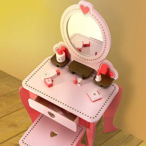 Set masa de toaleta pentru fetite, 92x34x49 cm, scaun si oglinda, accesorii par si machiaj, lemn roz - Img 3