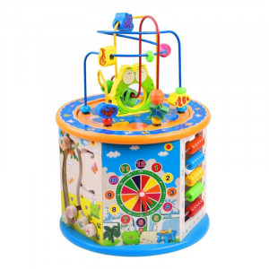 Cub activitati educative copii, 8 in 1, ceas, labirinturi, abac, forme geometrice, multicolor, lemn - Img 2