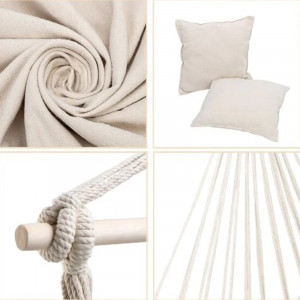 Hamac tip scaun, 100x130 cm, 2 perne, bara din lemn, bumbac bej - Img 7
