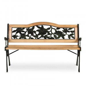Banca gradina, sezut si spatar lemn, model floral, structura otel, 118x60x82 cm - Img 4