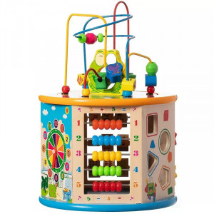 Cub activitati educative copii, 8 in 1, ceas, labirinturi, abac, forme geometrice, multicolor, lemn - Img 3