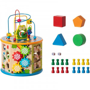 Cub activitati educative copii, 8 in 1, ceas, labirinturi, abac, forme geometrice, multicolor, lemn - Img 13