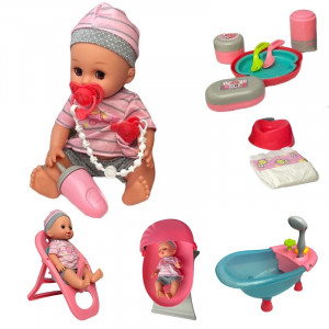 Papusa interactiva 35 cm, bea apa, face pipi, 12 sunete, 14 accesorii, leagan, scaun de masa, cadita baie - Img 3