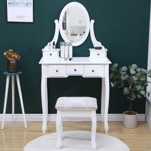 Set masa de toaleta 140x80x40 cm, oglinda si scaun incluse, 5 sertare - Img 6