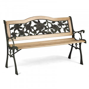 Banca gradina, sezut si spatar lemn, model floral, structura otel, 118x60x82 cm - Img 5