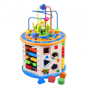 Cub activitati educative copii, 8 in 1, ceas, labirinturi, abac, forme geometrice, multicolor, lemn - Img 4