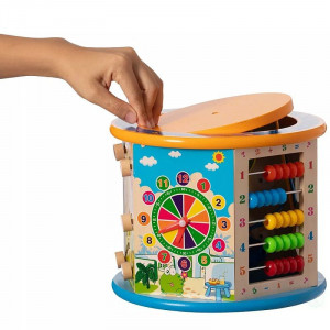 Cub activitati educative copii, 8 in 1, ceas, labirinturi, abac, forme geometrice, multicolor, lemn - Img 14