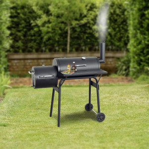 Gratar bbq pentru carbuni, 2 compartimente, grill si afumatoare, raft, horn, roti transport, termometru - Img 2