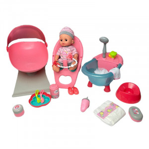 Papusa interactiva 35 cm, bea apa, face pipi, 12 sunete, 14 accesorii, leagan, scaun de masa, cadita baie - Img 4