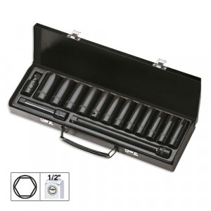 SET DE 15 PIESE DE IMPACT CU 12 TUBULARE LUNGI DE 1/2 INCH HEXAGONALE + ADAPTOARE