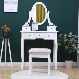 Set masa de toaleta 140x80x40 cm, oglinda si scaun incluse, 5 sertare - Img 3