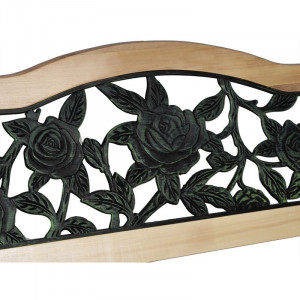 Banca gradina, sezut si spatar lemn, model floral, structura otel, 118x60x82 cm - Img 6