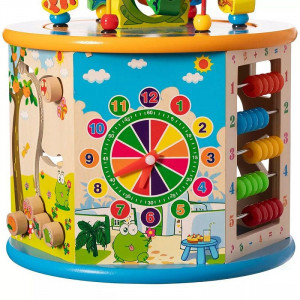 Cub activitati educative copii, 8 in 1, ceas, labirinturi, abac, forme geometrice, multicolor, lemn - Img 5