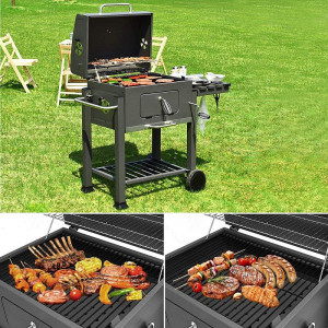 Gratar bbq pe carbune, capac rabatabil cu termometru, roti transport, 115x46x106 cm, grill 61.5x46x51 cm - Img 8