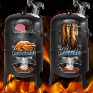 Gratar pe carbuni 3 in 1, capac cu termometru, 2 usi, 3 compartimente cu afumatoare/grill/gatire la abur, 40x40x80 cm - Img 3
