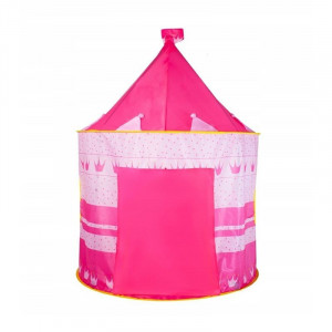 Cort de joaca tip castel, imprimeu buline si coronite, 105x135 cm, husa depozitare, roz - Img 10