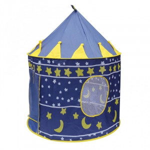 Cort tip castel pentru copii, imprimeu stele si luna, 135x105 cm, albastru - Img 3