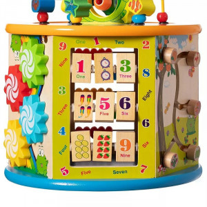 Cub activitati educative copii, 8 in 1, ceas, labirinturi, abac, forme geometrice, multicolor, lemn - Img 6