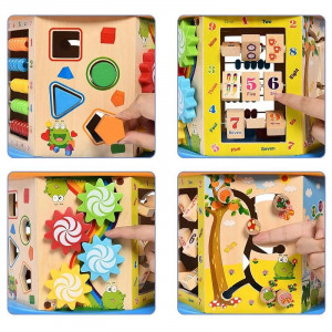 Cub activitati educative copii, 8 in 1, ceas, labirinturi, abac, forme geometrice, multicolor, lemn - Img 16