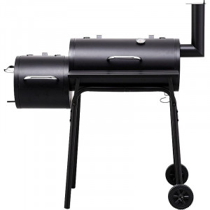 Gratar bbq pentru carbuni, 2 compartimente, grill si afumatoare, raft, horn, roti transport, termometru - Img 4