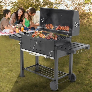 Gratar de gradina mobil, termometru si recipient cenusa, grill xxl cu 2 rafturi pliabile, 115x46x106 cm - Img 3
