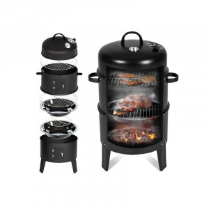 Gratar pe carbuni 3 in 1, capac cu termometru, 2 usi, 3 compartimente cu afumatoare/grill/gatire la abur, 40x40x80 cm - Img 4