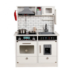 Bucatarie de lemn pentru copii, iluminata, efecte sonore, 4 accesorii incluse, design vintage, 65x30x93 cm, alb - Img 2