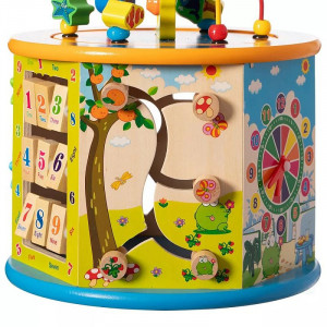 Cub activitati educative copii, 8 in 1, ceas, labirinturi, abac, forme geometrice, multicolor, lemn - Img 7