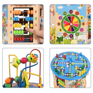 Cub activitati educative copii, 8 in 1, ceas, labirinturi, abac, forme geometrice, multicolor, lemn - Img 17