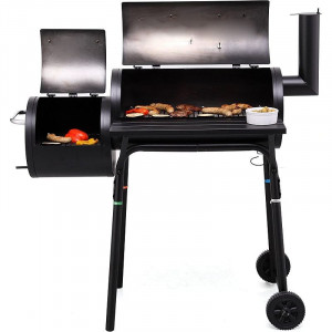 Gratar bbq pentru carbuni, 2 compartimente, grill si afumatoare, raft, horn, roti transport, termometru - Img 5