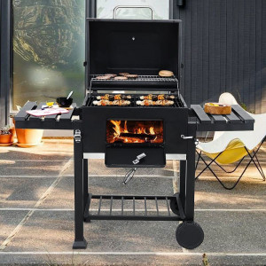 Gratar de gradina mobil, termometru si recipient cenusa, grill xxl cu 2 rafturi pliabile, 115x46x106 cm - Img 4