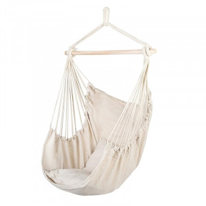 Hamac tip scaun, 100x130 cm, 2 perne, bara din lemn, bumbac bej - Img 2