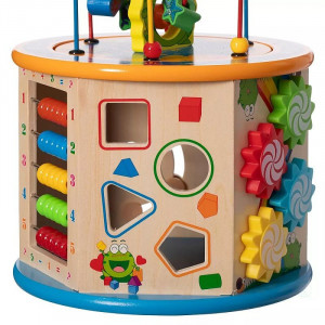 Cub activitati educative copii, 8 in 1, ceas, labirinturi, abac, forme geometrice, multicolor, lemn - Img 8