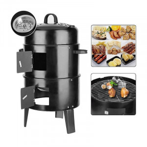 Gratar pe carbuni 3 in 1, capac cu termometru, 2 usi, 3 compartimente cu afumatoare/grill/gatire la abur, 40x40x80 cm