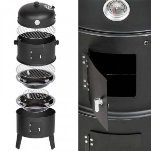 Gratar pe carbuni 3 in 1, capac cu termometru, 2 usi, 3 compartimente cu afumatoare/grill/gatire la abur, 40x40x80 cm - Img 6