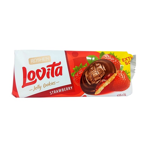 Biscuiti cu ciocolata si jeleu de capsuni Roshen Lovita 135 g
