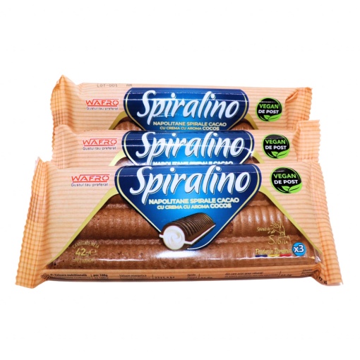 Napolitane vegane de post spirale cacao cocos Spiralino Wafro 42 g, 24 buc